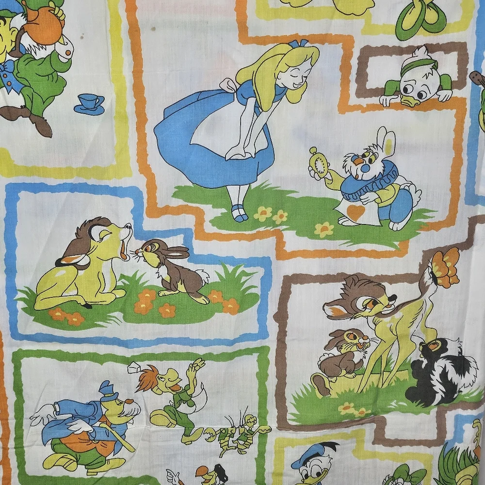 VTG Disney Alice in Wonderland Bambi Robin Hood Mickey Twin Flat Sheet 59.5